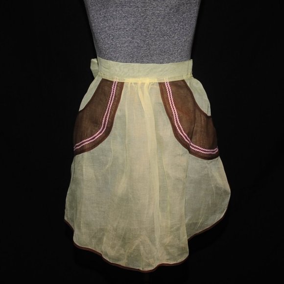Vintage 50s Yellow Organza Fancy Hostess Apron Brown Circle Pockets w/ Rick Rack - Picture 4 of 8